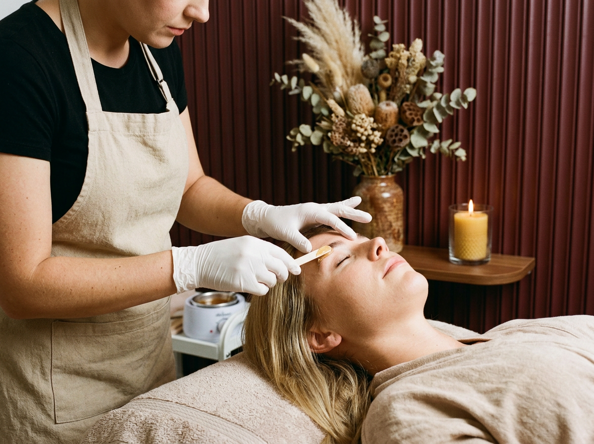 A brow waxing and shaping treatment in progress at AuraLuxe Beauty Studio