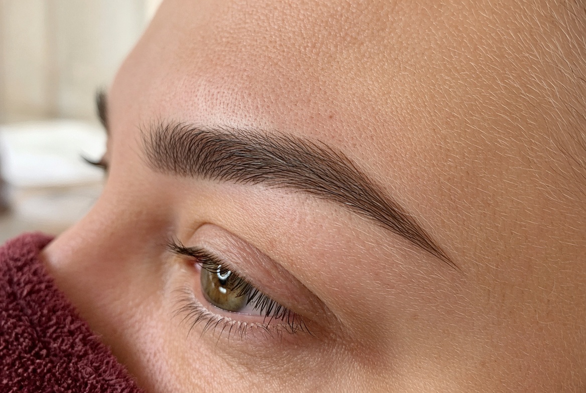 AuraLuxe hybrid brows course showing a shaped, defined brow finished in the Midleton studio.