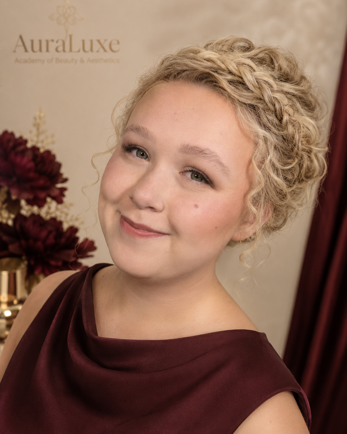 Finished make-up look on a client at AuraLuxe Beauty Studio