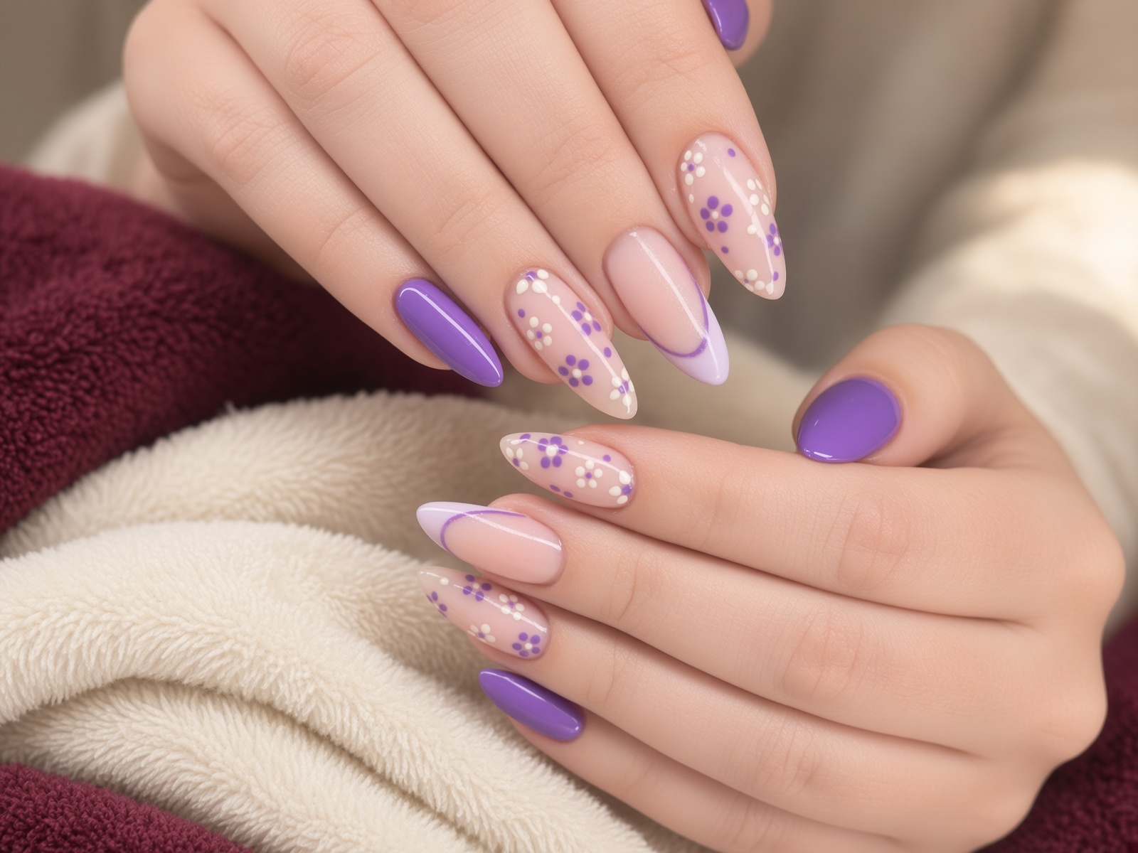 AuraLuxe nail art course showing hand-painted floral nail art on long almond nails.