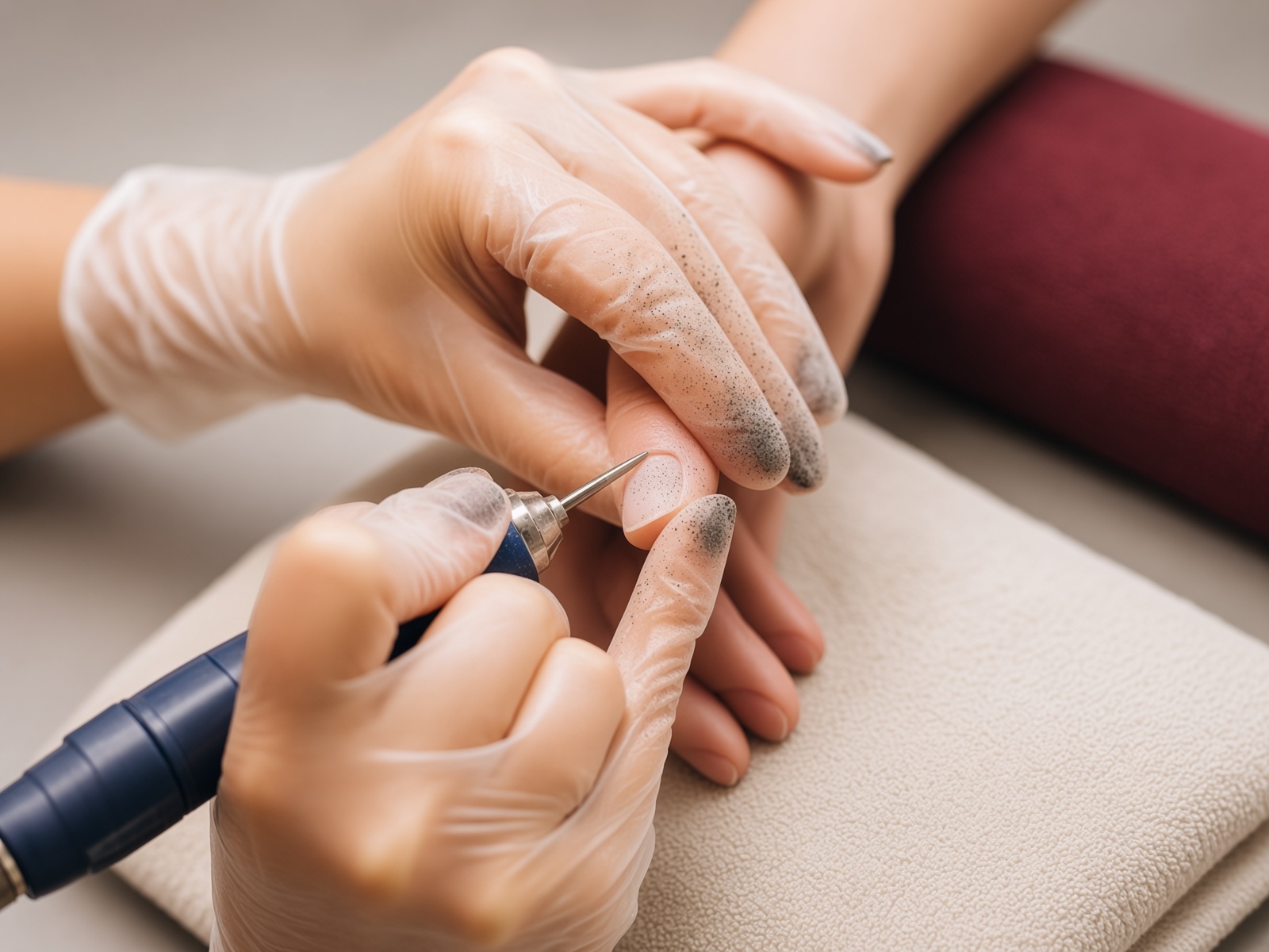 AuraLuxe e-file nail course showing an electric file bit being used safely on the natural nail plate.