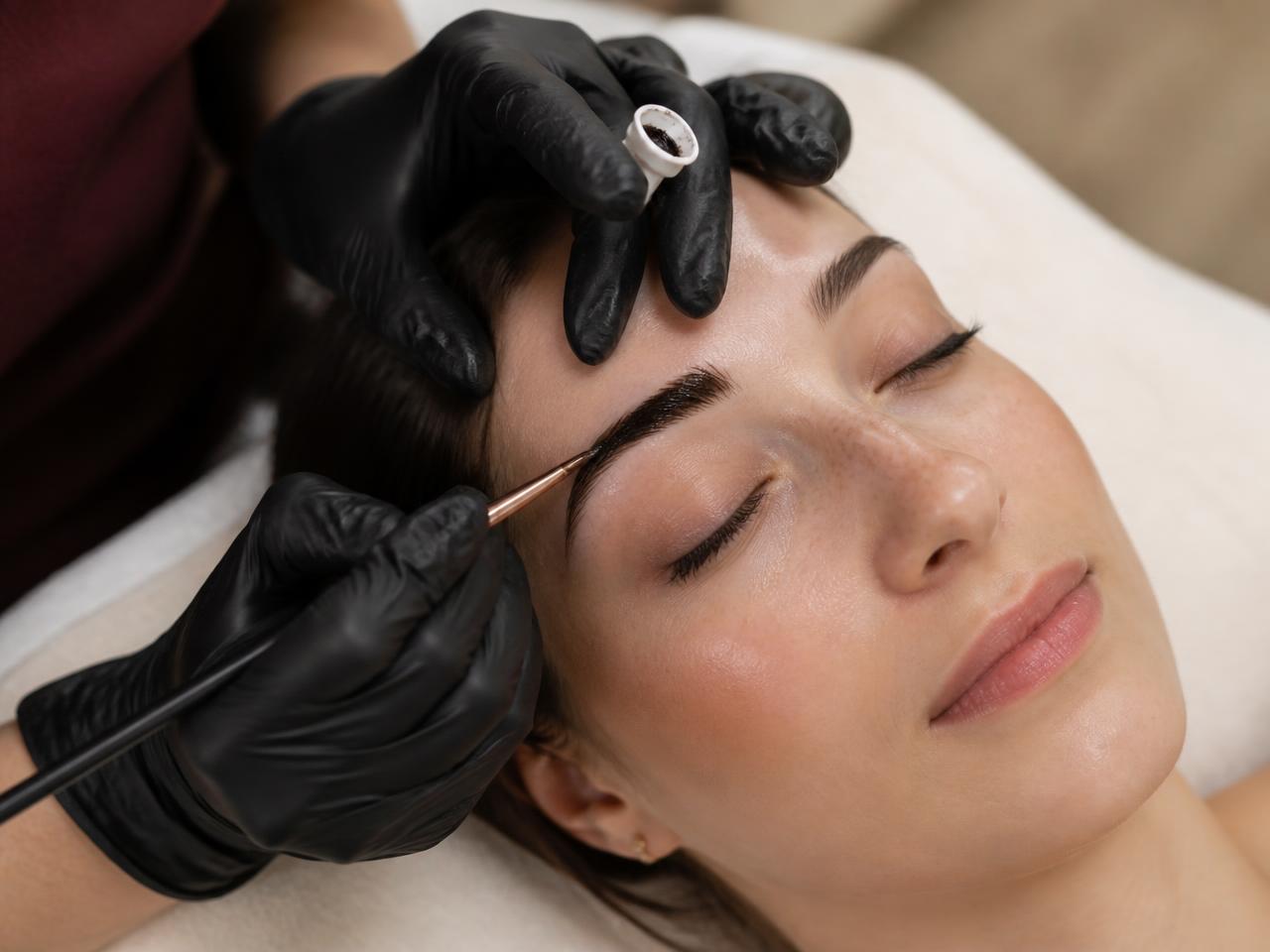 Lash and brow tinting course showing tint being applied to a client's brow with a fine angled brush.
