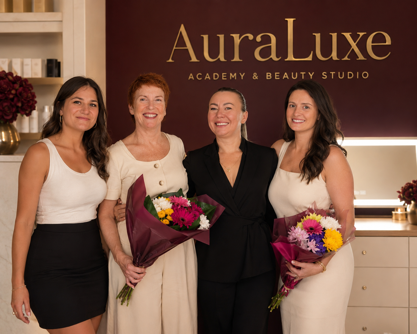 Alexis, Elaine (IQA) and two learners celebrating a completed qualification at AuraLuxe Academy