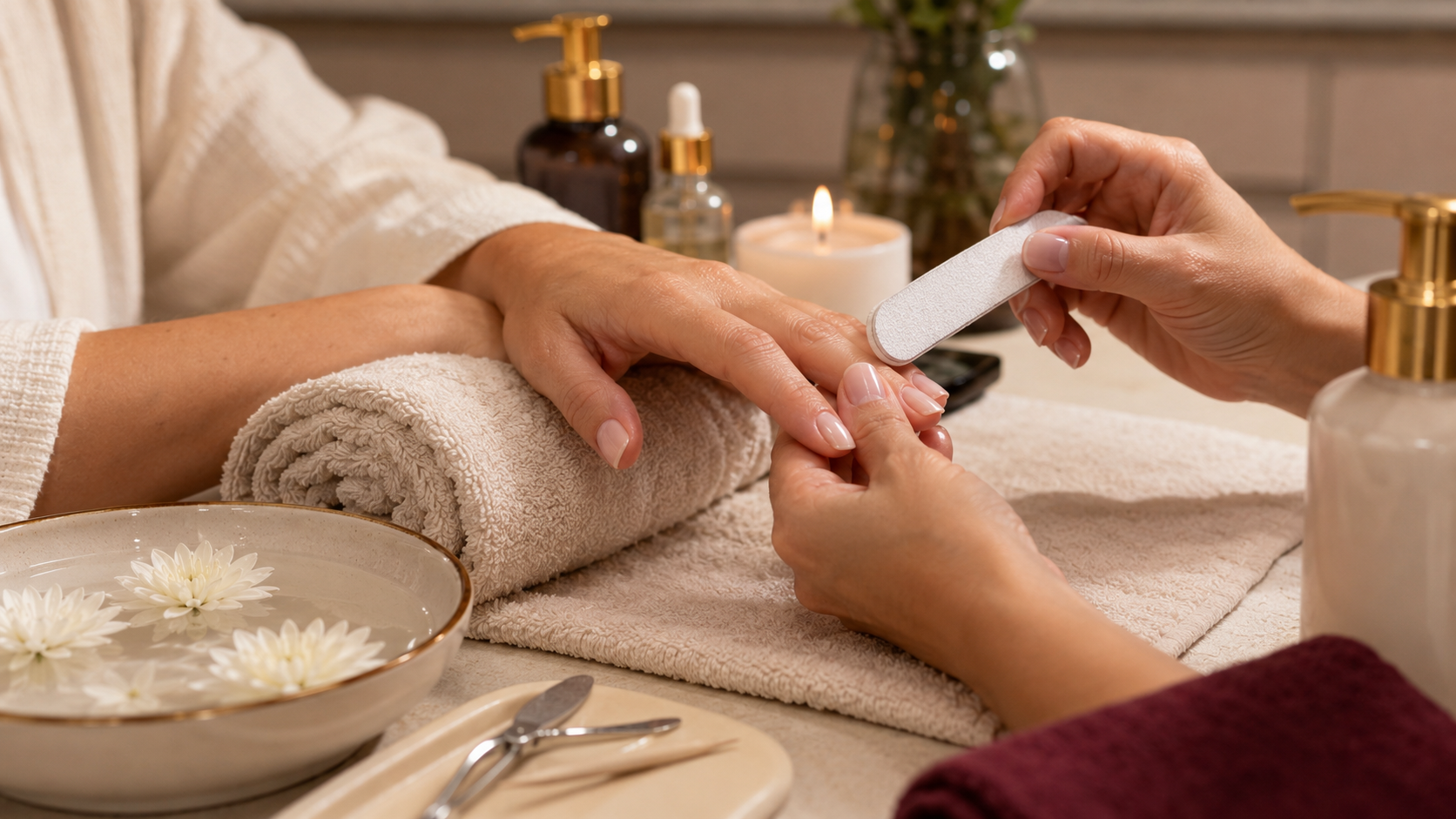 AuraLuxe Spa Manicure online beauty course showing a professional manicure treatment with nail file and spa bowl.