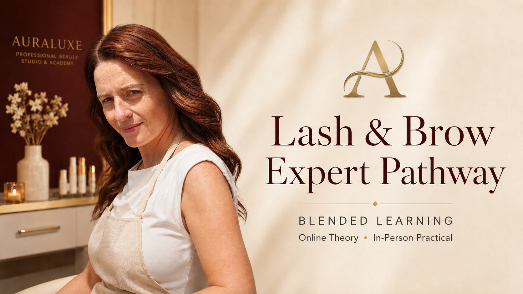 AuraLuxe Lash and Brow Expert Pathway featuring professional blended-learning beauty training.