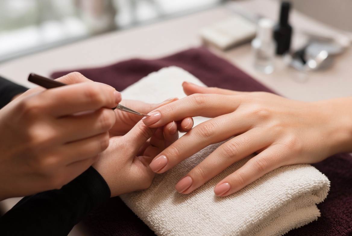 AuraLuxe UV/LED Gel Polish online beauty course showing a glossy deep burgundy gel polish manicure.