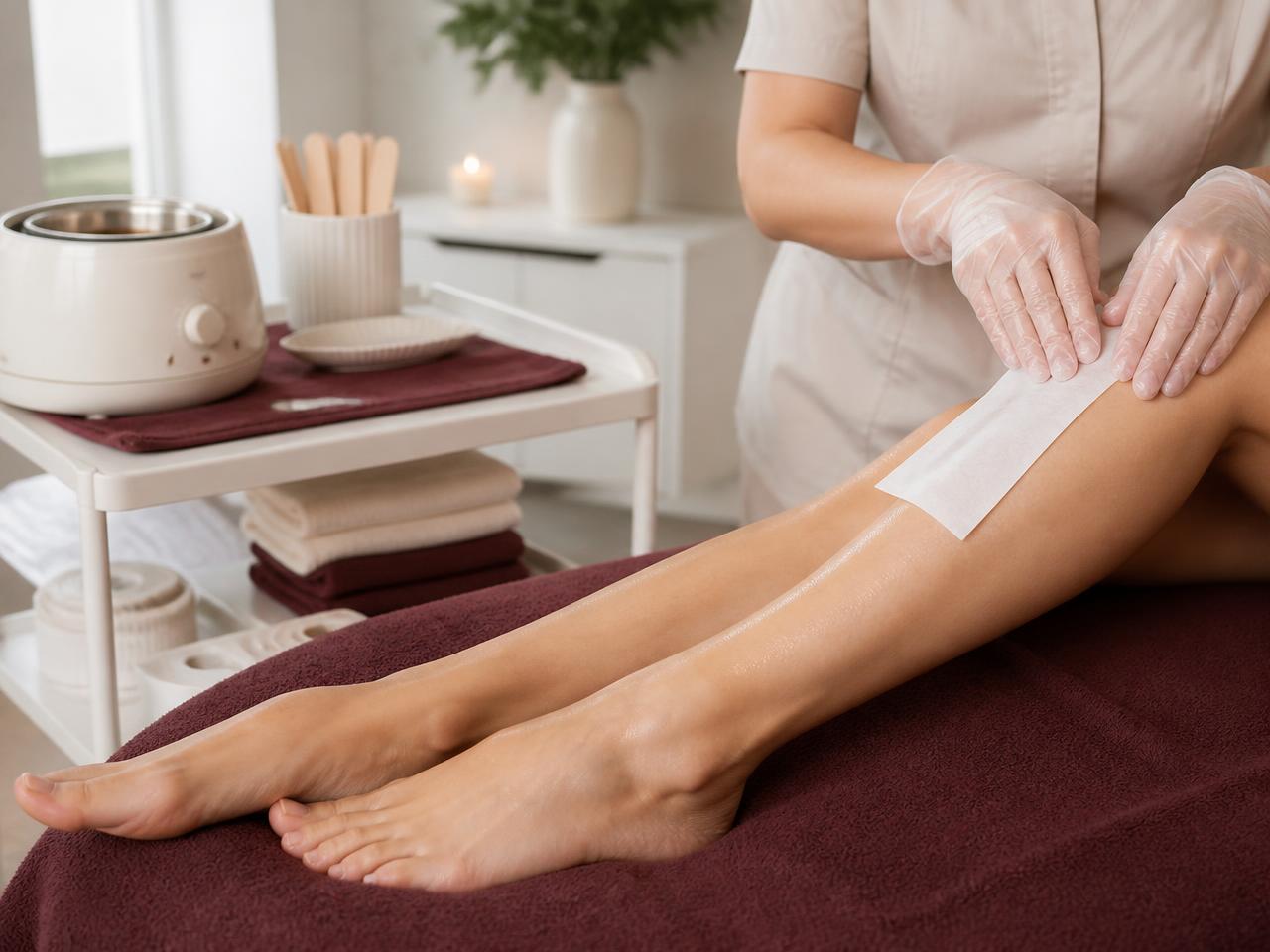 Soft and warm waxing course showing a fabric strip wax treatment on a client's lower leg.