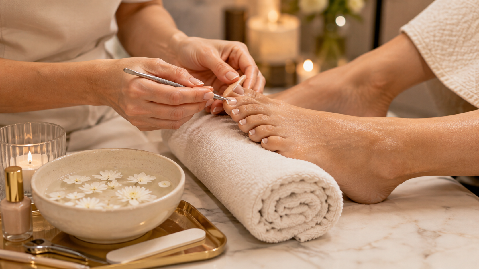 AuraLuxe Spa Pedicure online beauty course showing a professional pedicure treatment in a luxury spa setting.