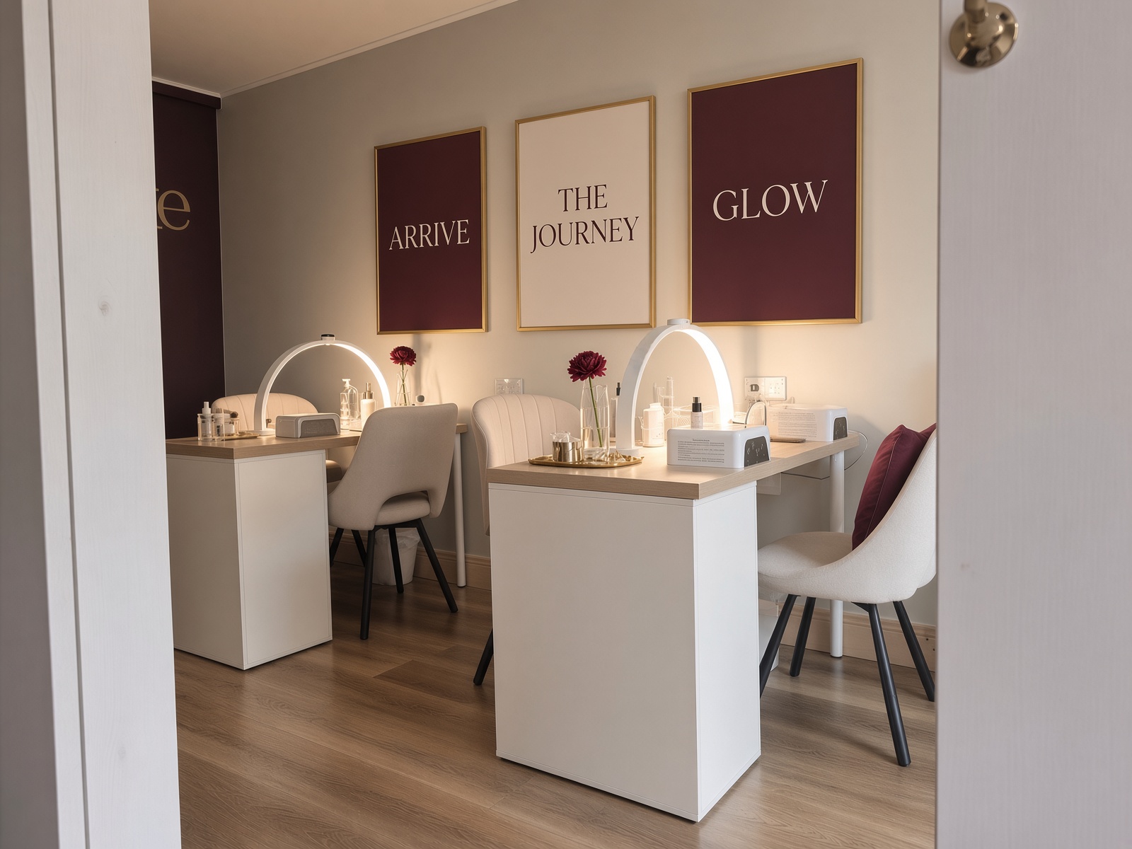 The front nail room and welcome area at AuraLuxe Beauty Studio