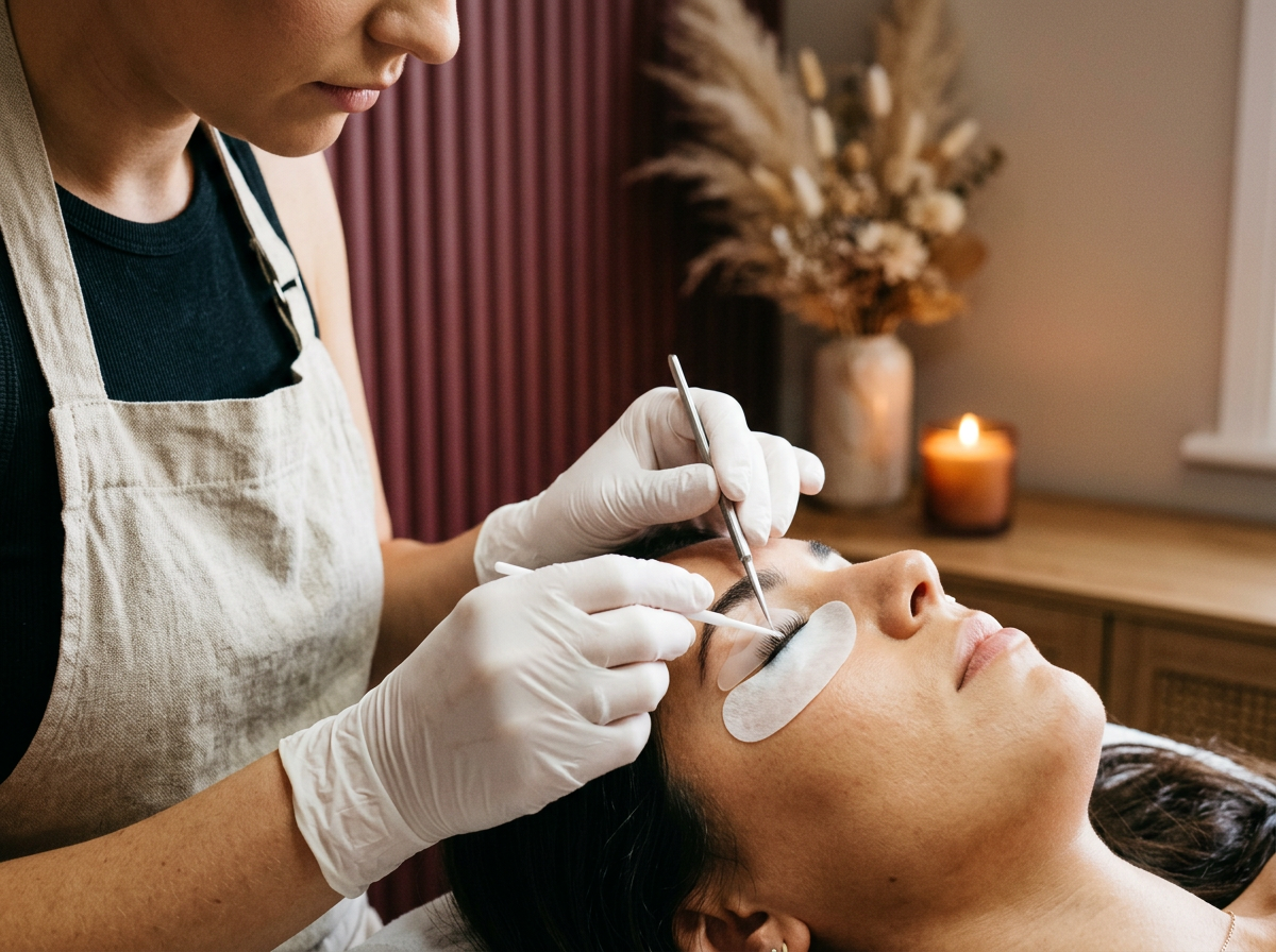 A lash lift and tint treatment in progress at AuraLuxe Beauty Studio
