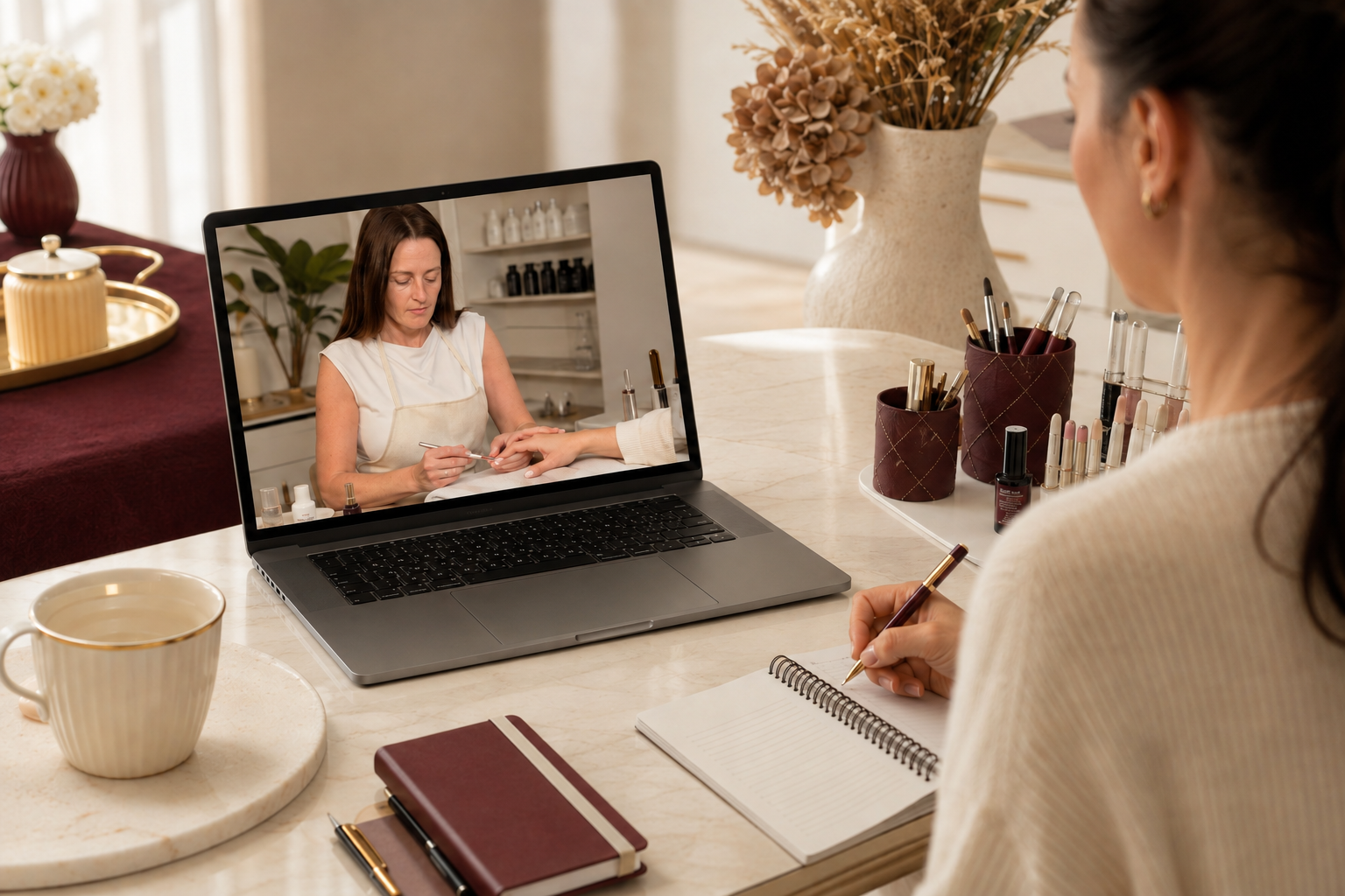 Student studying an AuraLuxe online nail training course at home