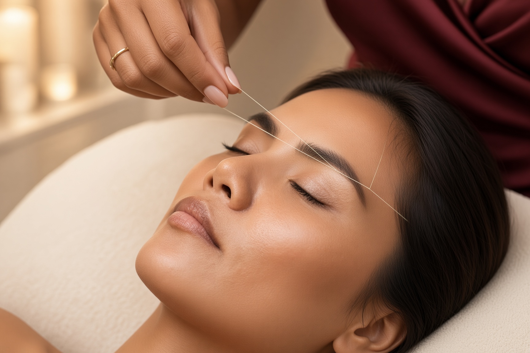 Facial threading in progress at AuraLuxe Beauty Studio