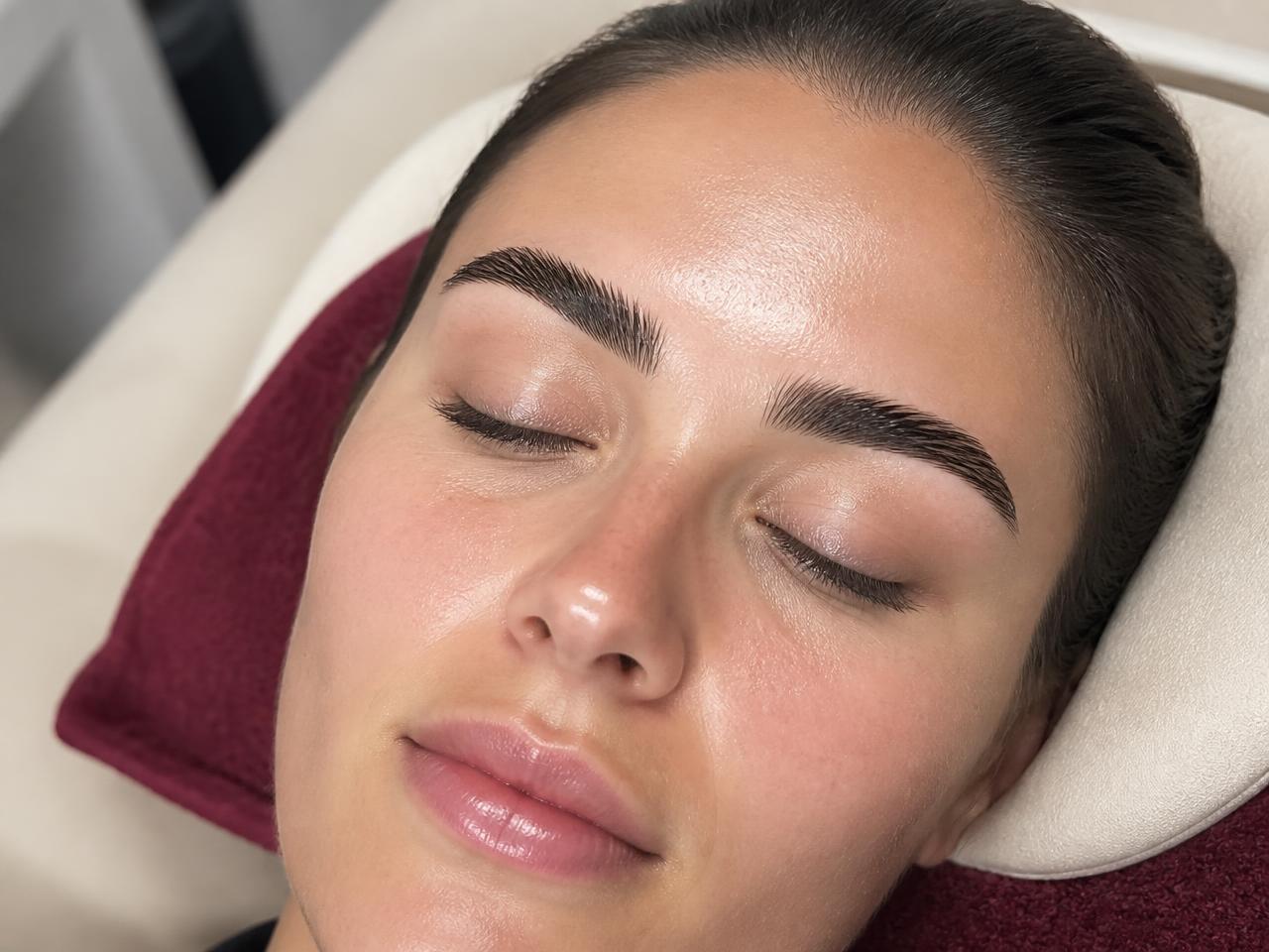 Brow lamination course showing freshly laminated and tinted brows brushed upward on a client.