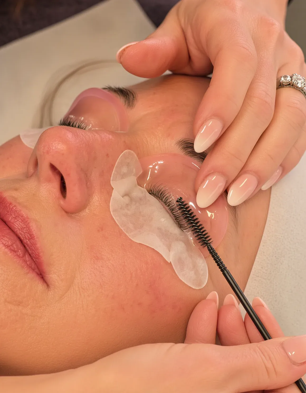 Alexis lifting lashes with a spoolie during a lash lift at AuraLuxe Academy